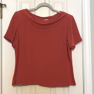 Talbots Silk Blouse size 14P Beautiful Pleated Collar Dark Salmon Color